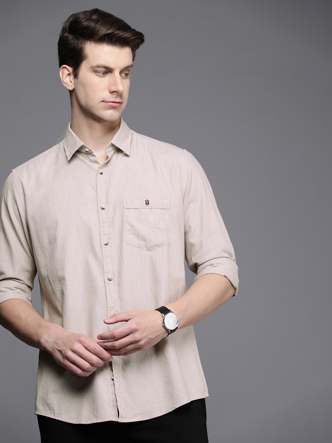 

Louis Philippe Sport Pure Cotton Self Design Striped Slim Fit Casual Shirt, Beige