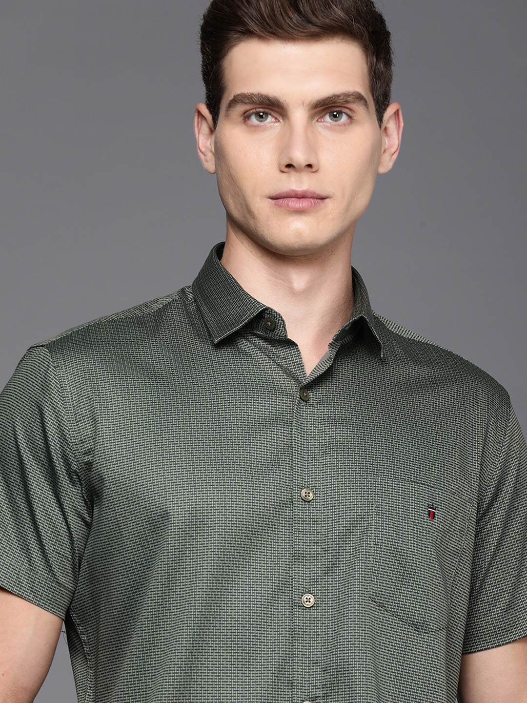 

Louis Philippe Sport Slim Fit Geometric Printed Pure Cotton Casual Shirt, Olive