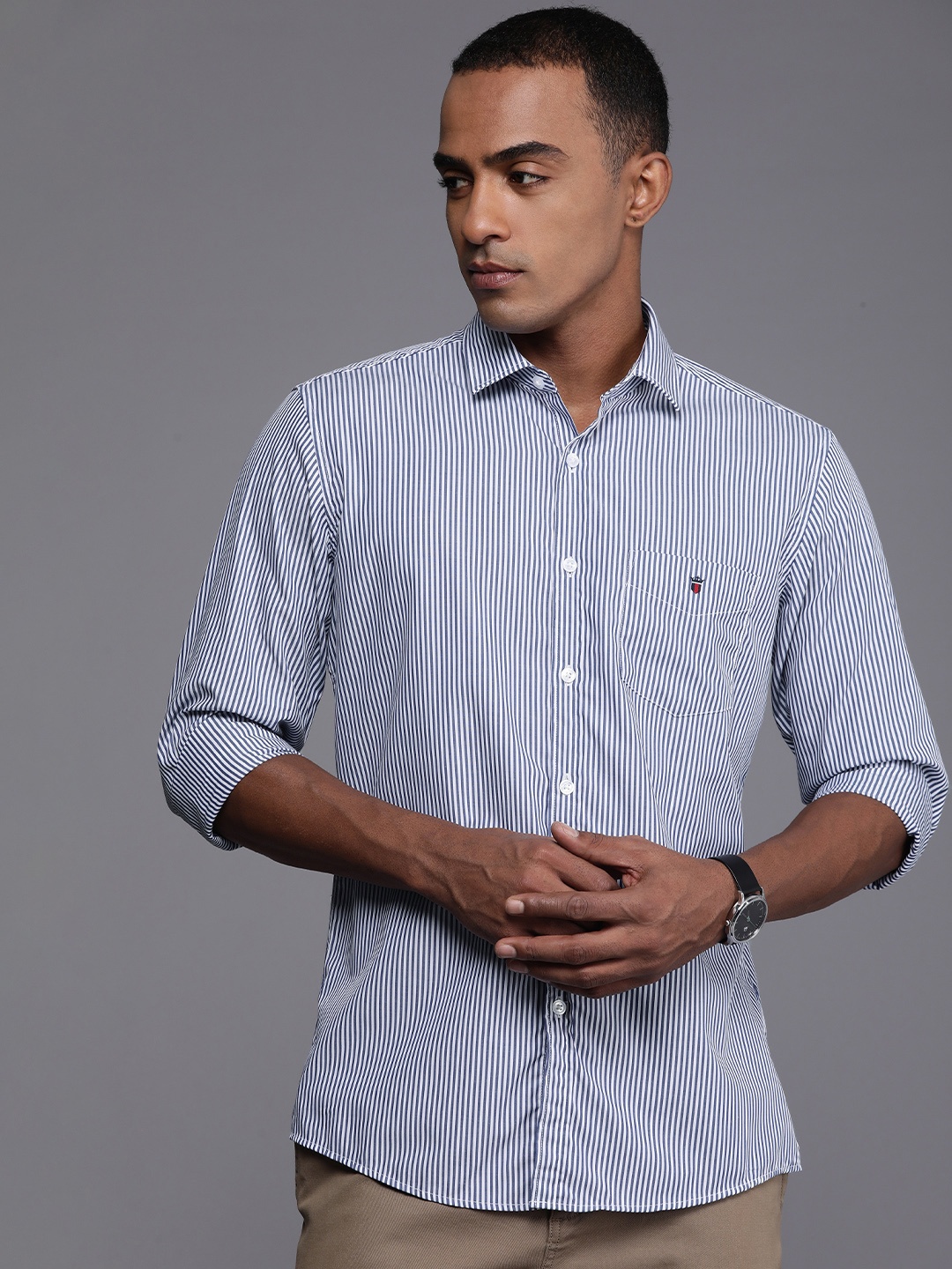

Louis Philippe Sport Pure Cotton Slim Fit Striped Casual Shirt, Blue