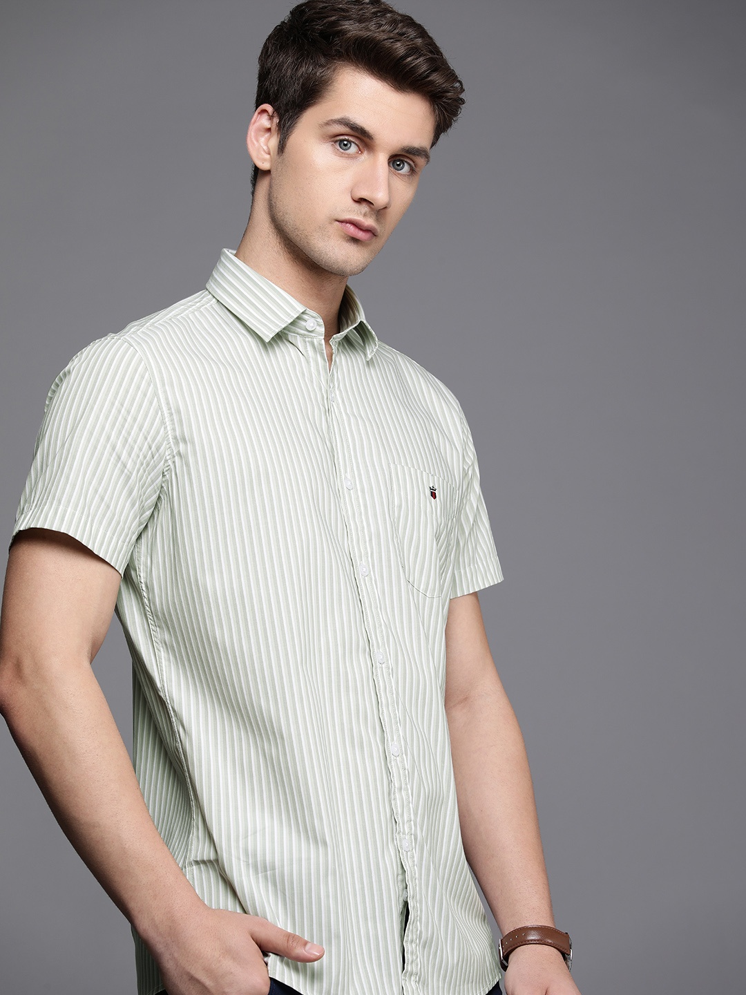 

Louis Philippe Sport Pure Cotton Slim Fit Striped Casual Shirt, Olive