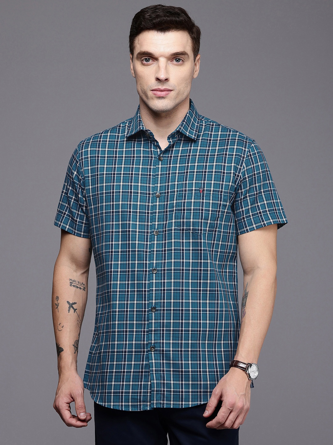 

Louis Philippe Sport Slim Fit Checked Pure Cotton Casual Shirt, Teal
