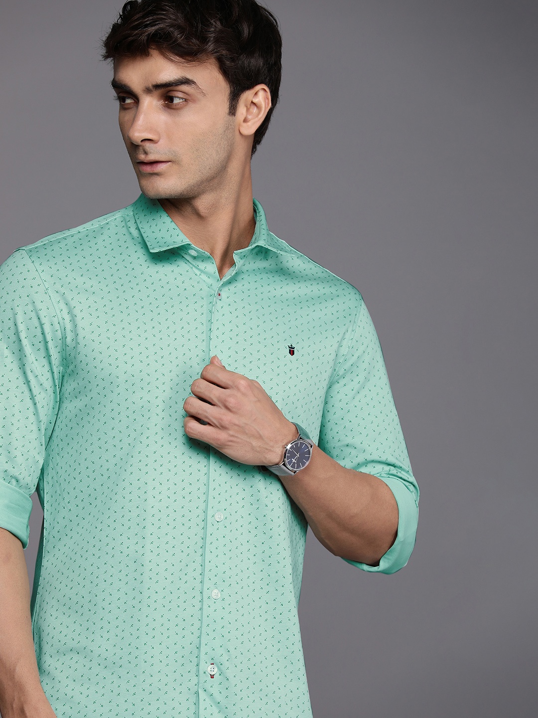 

Louis Philippe Sport Micro Ditsy Printed Smart Slim Fit Pure Cotton Casual Shirt, Green