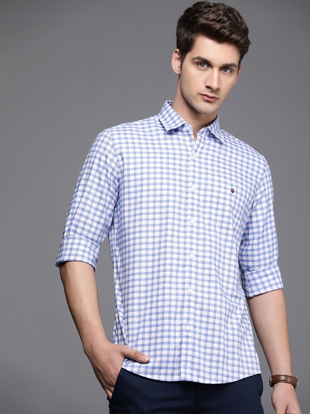 

Louis Philippe Sport Pure Cotton Slim Fit Checked Casual Shirt, Blue