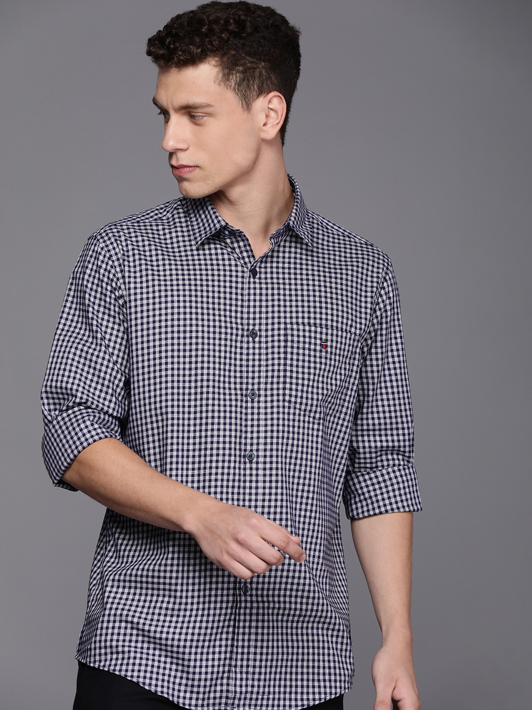 

Louis Philippe Sport Micro Checked Slim Fit Pure Cotton Casual Shirt, Navy blue