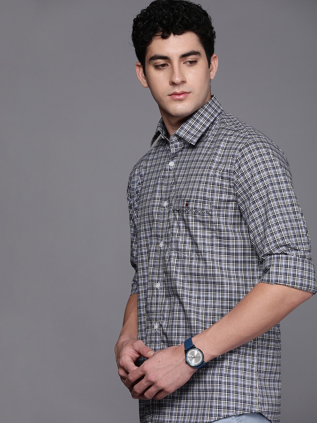 

Louis Philippe Sport Pure Cotton Slim Fit Checked Casual Shirt, Navy blue