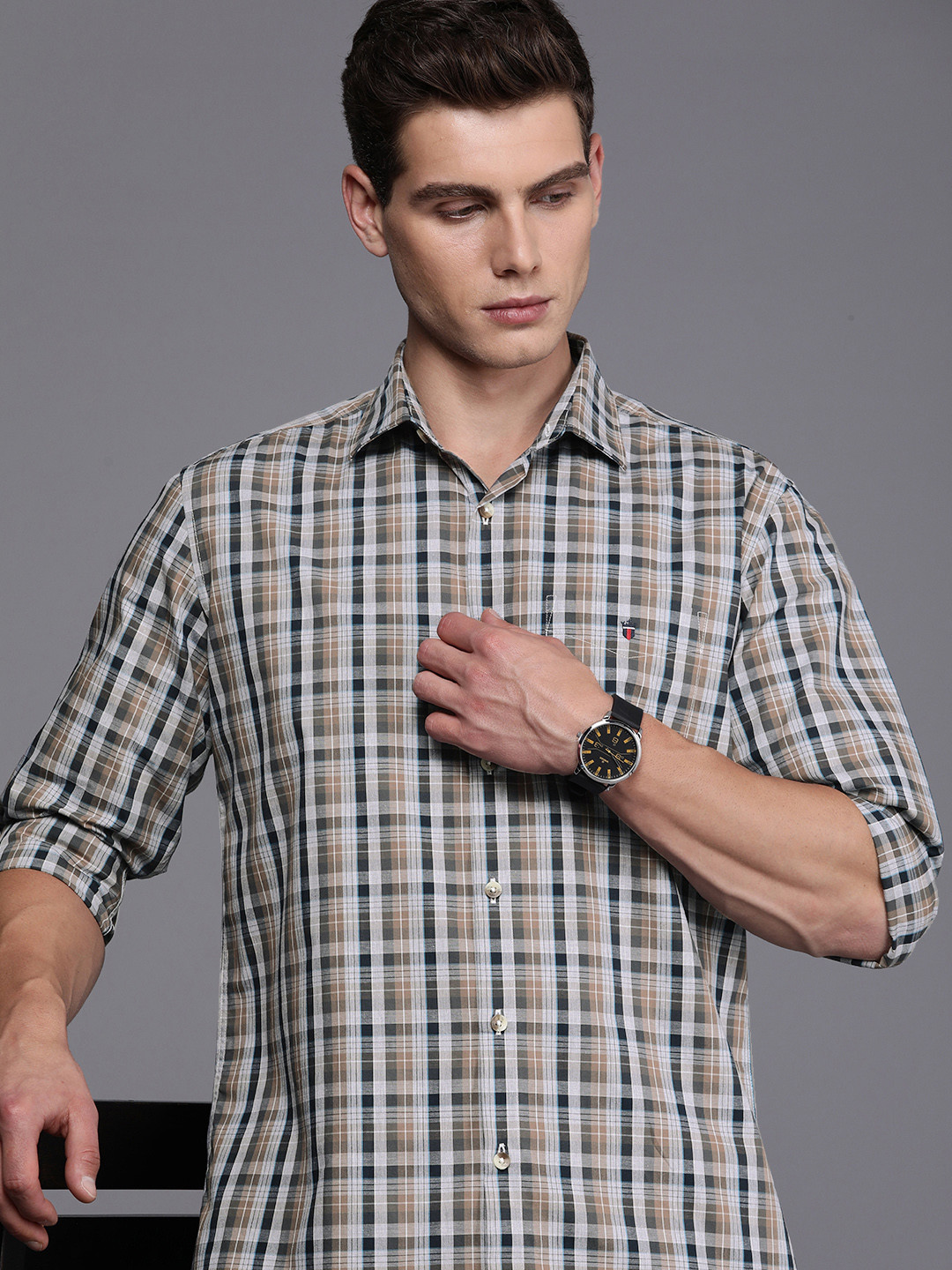 

Louis Philippe Sport Pure Cotton Slim Fit Checked Casual Shirt, Brown