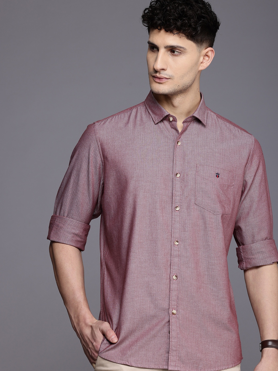 

Louis Philippe Sport Slim Fit Textured Self Design Pure Cotton Casual Shirt, Maroon