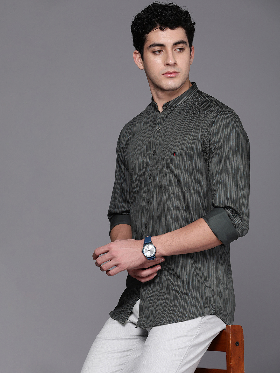 

Louis Philippe Sport Pure Cotton Super Slim Fit Striped Casual Shirt, Grey