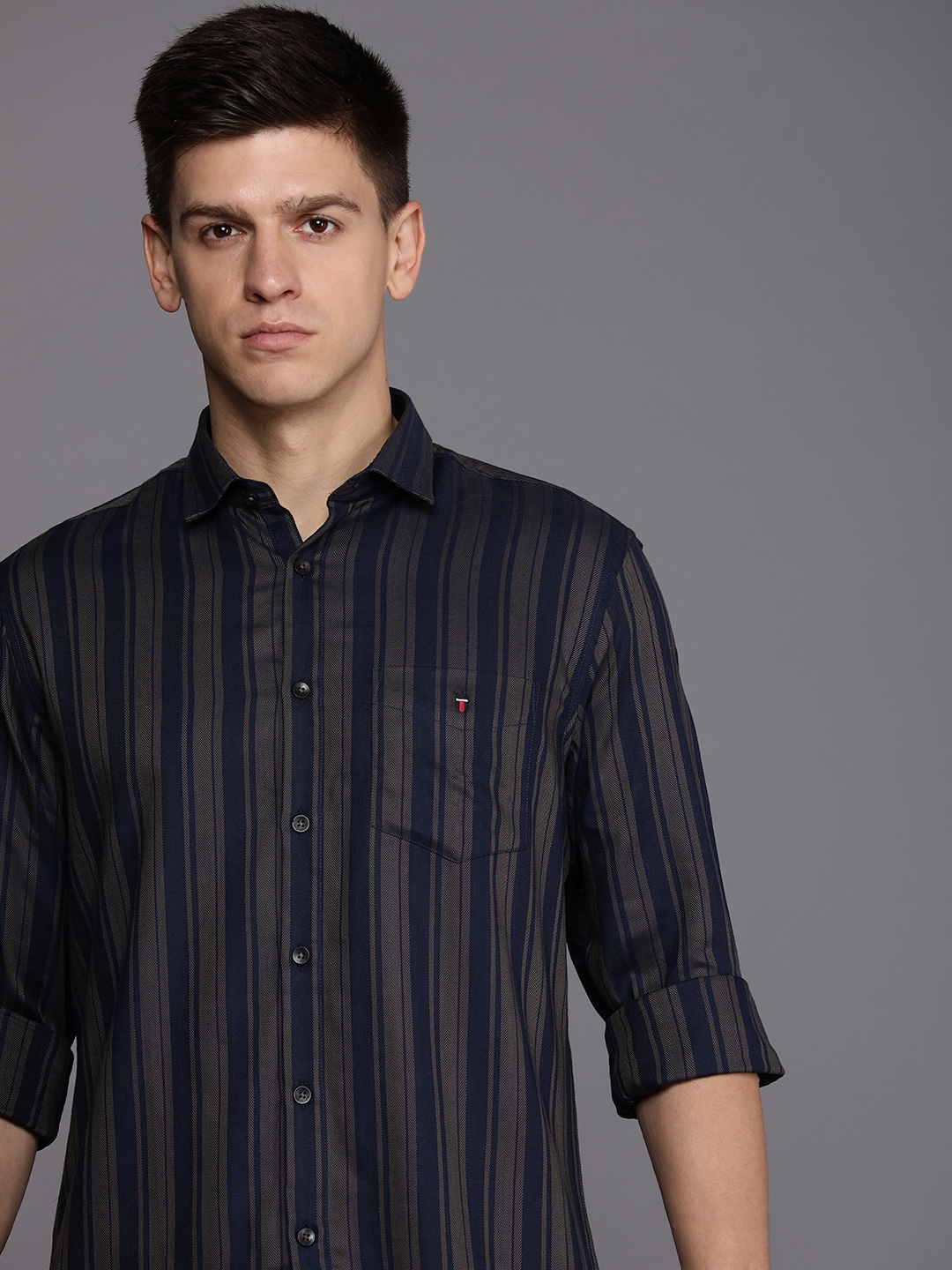 

Louis Philippe Sport Pure Cotton Slim Fit Opaque Striped Casual Shirt, Navy blue