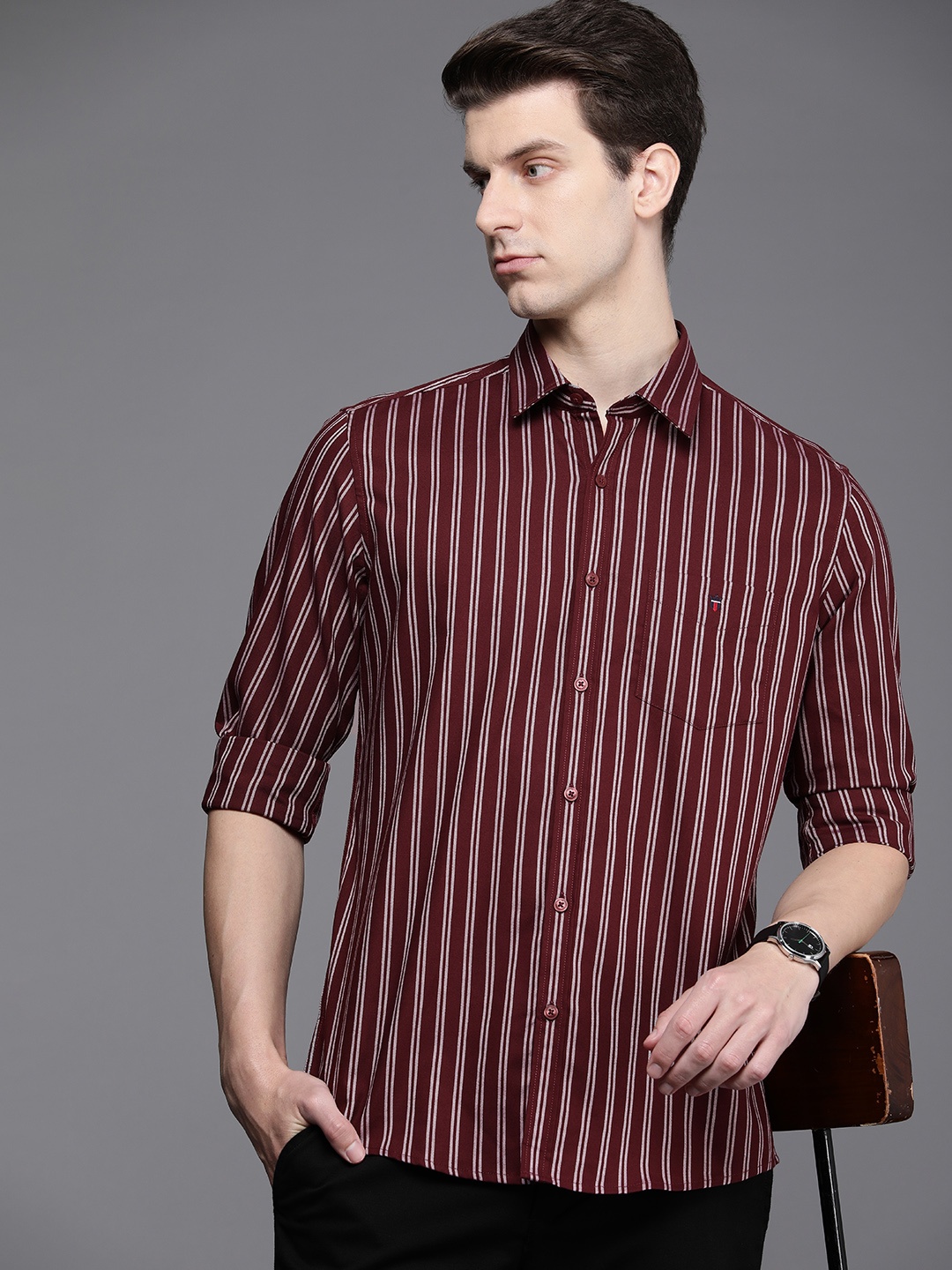 

Louis Philippe Sport Pure Cotton Slim Fit Striped Casual Shirt, Maroon