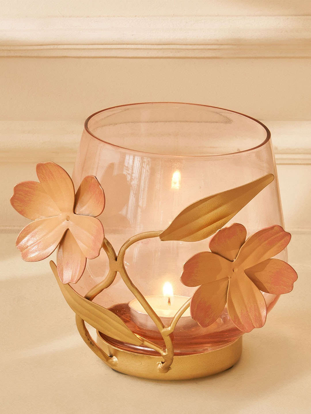 Home Centre Moksha Brown Floral Textured Candle Holder