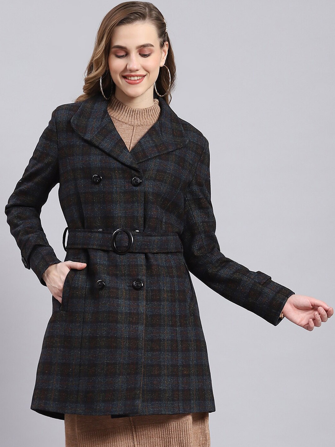 

Monte Carlo Checked Single-Breasted Longline Overcoat, Blue