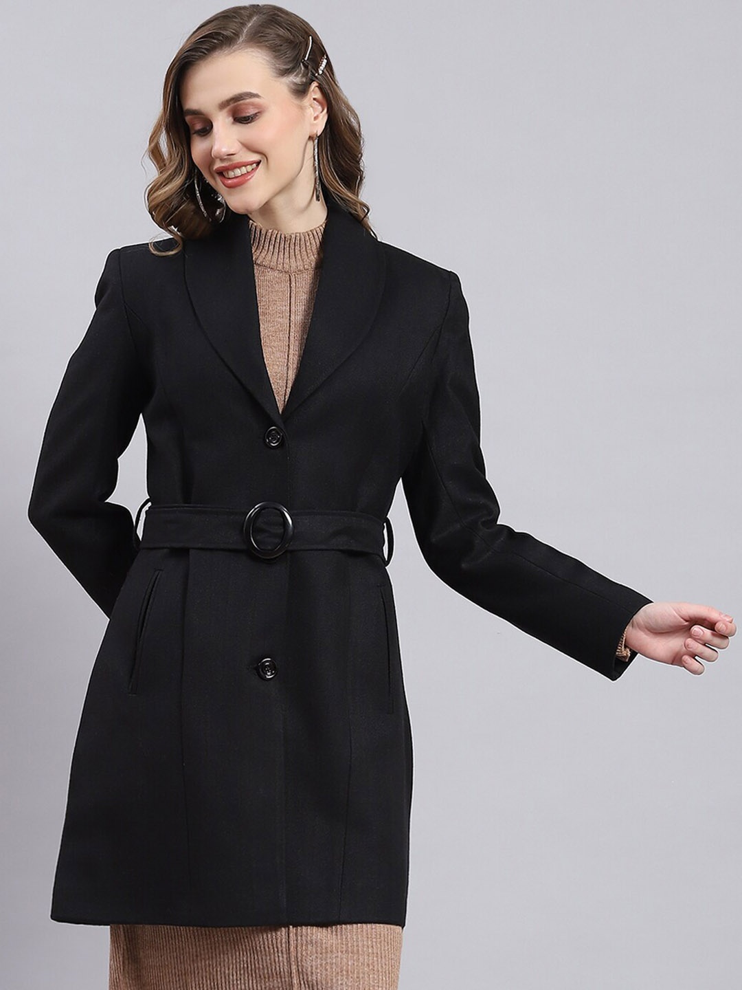 

Monte Carlo Single-Breasted Woolen Longline Overcoat, Black
