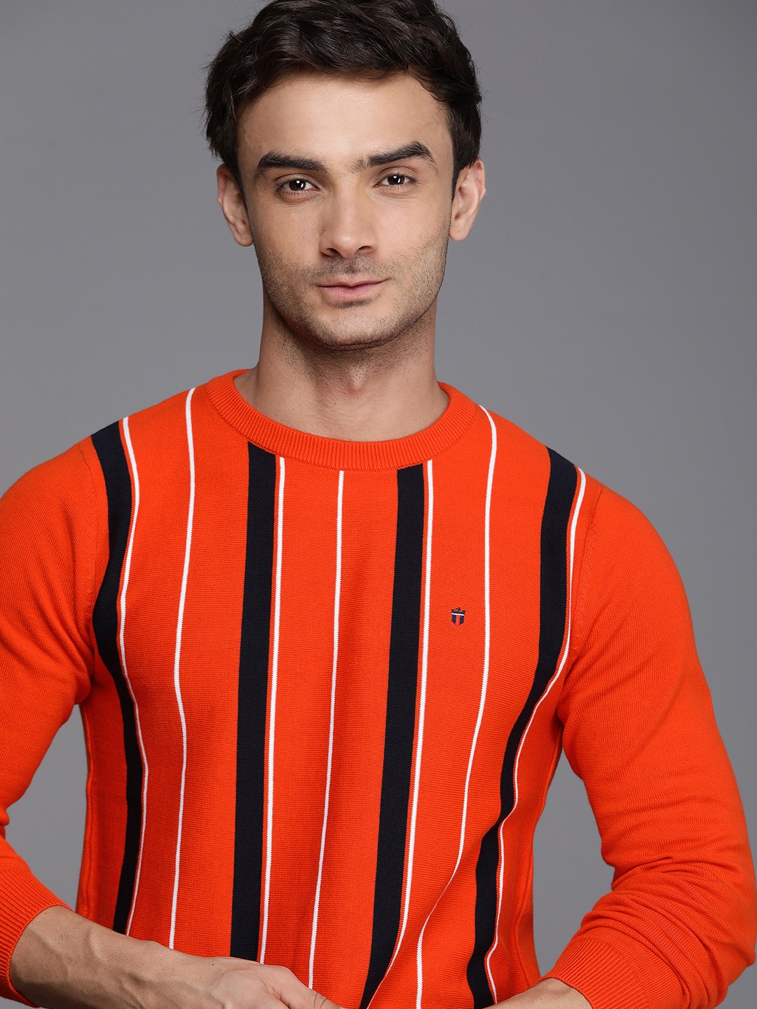 

Louis Philippe Sport Pure Cotton Striped Pullover Sweaters, Orange