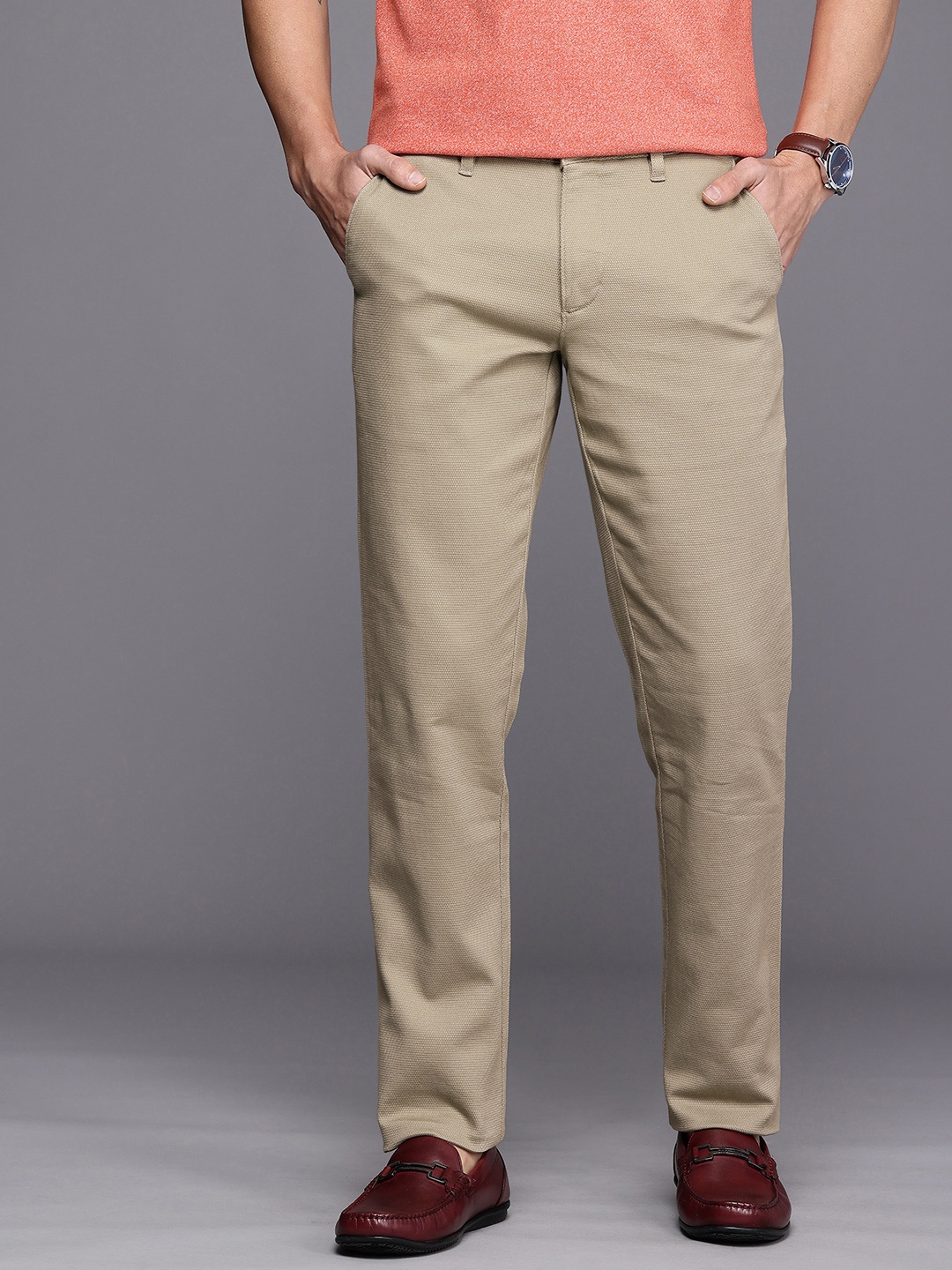 

Louis Philippe Sport Men Textured Slim Fit Chinos Trousers, Khaki