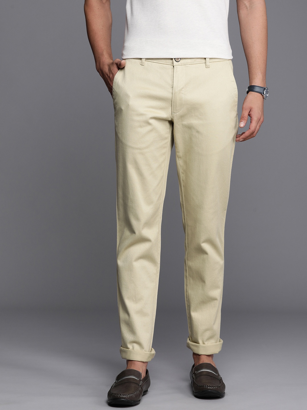 

Louis Philippe Sport Men Textured Tapered Fit Chinos Trousers, Beige