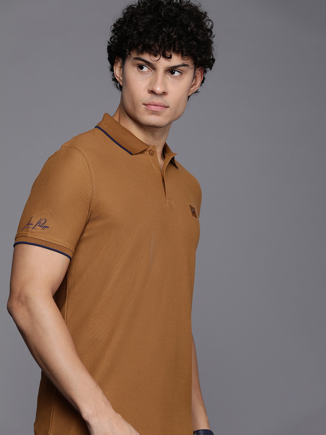 

Louis Philippe Sport Solid Polo Collar Pure Cotton Slim Fit T-shirt, Camel brown