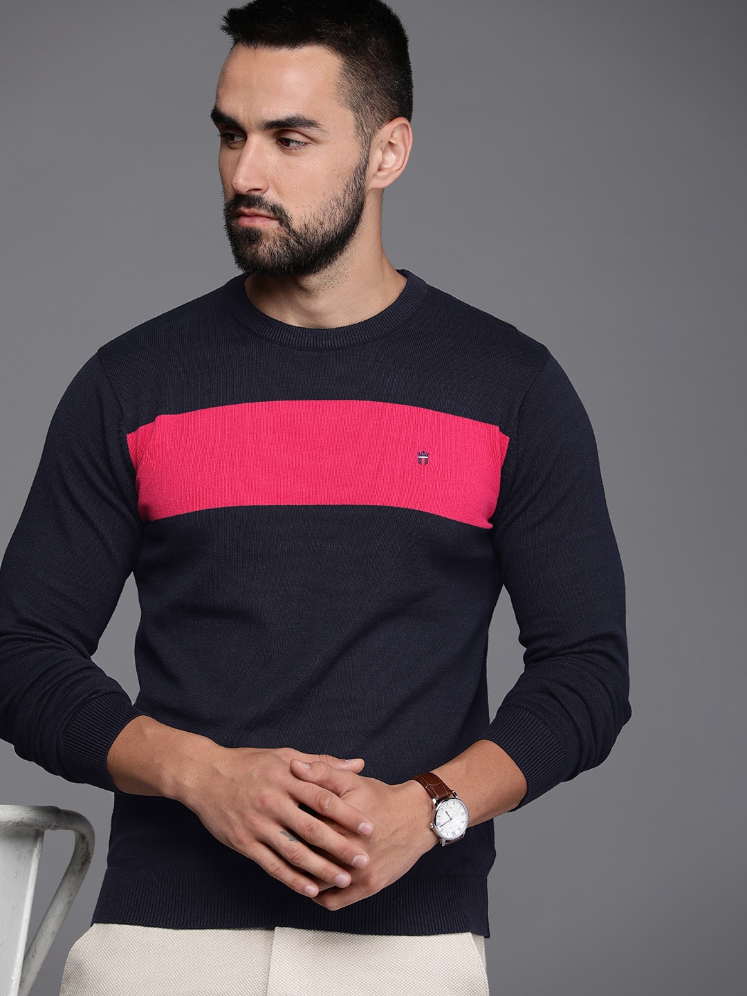 

Louis Philippe Sport Pure Cotton Striped Pullover Sweaters, Navy blue