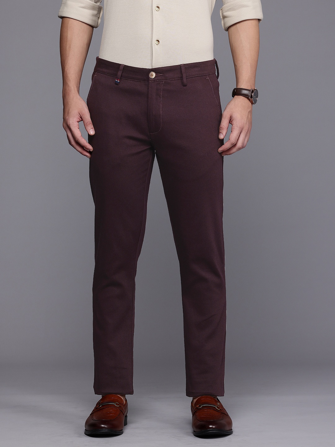 

Louis Philippe Sport Men Textured Super Slim Fit Chinos Semiformal Trousers, Maroon