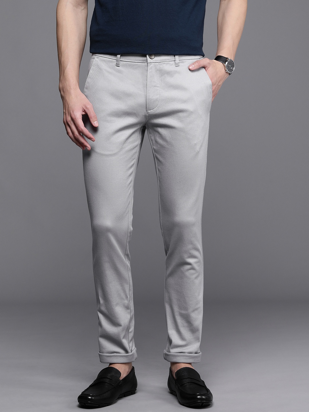 

Louis Philippe Sport Men Self Design Textured Super Slim Fit Low-Rise Chinos Trousers, Grey