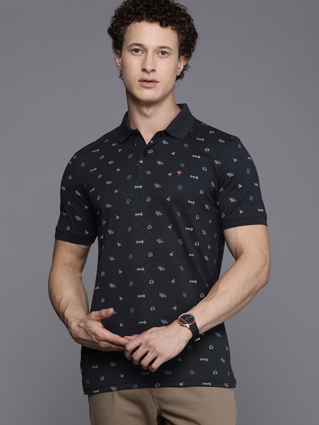 

Louis Philippe Sport Geometric Printed Polo Collar Slim Fit T-shirt, Navy blue