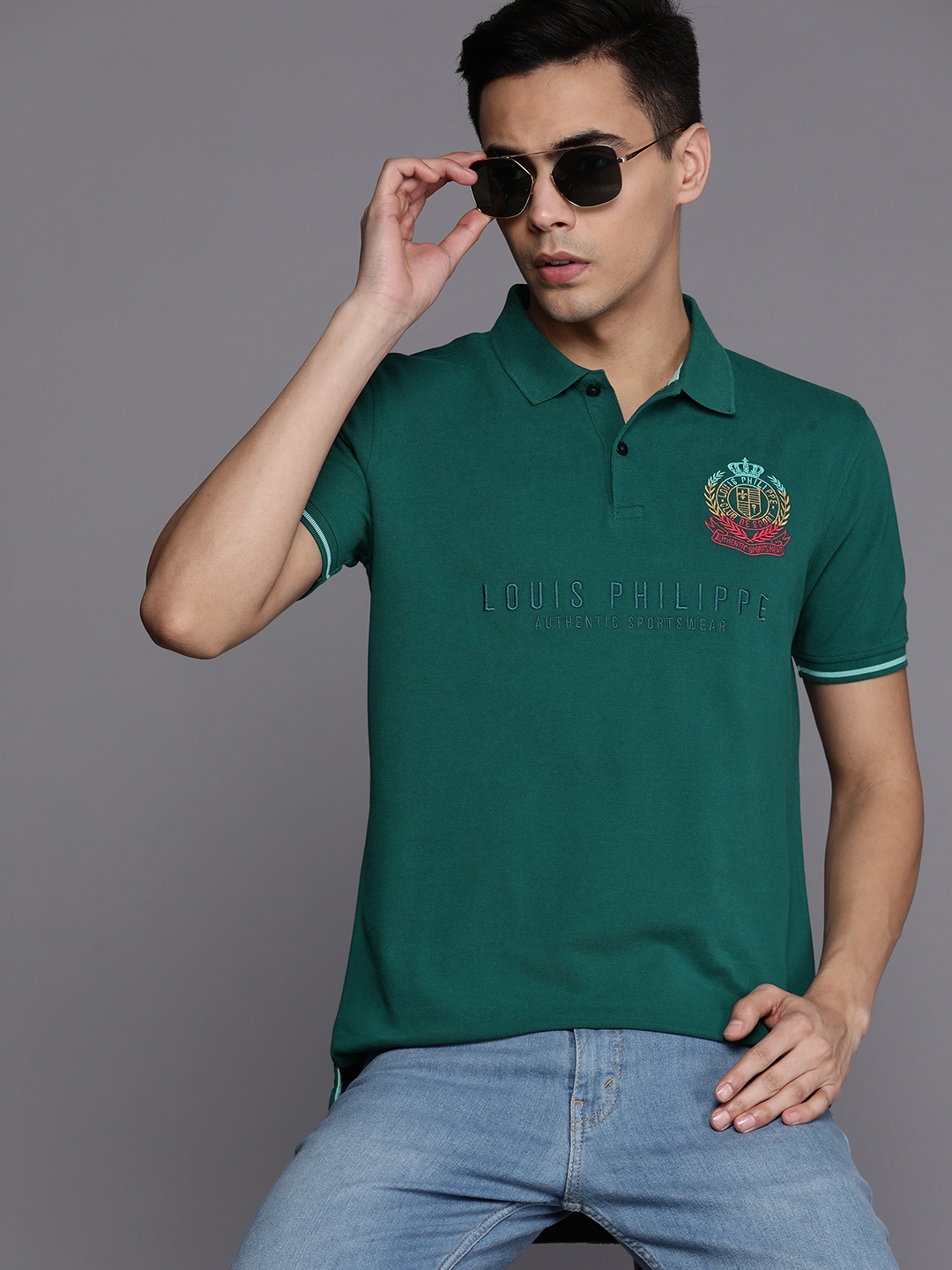 

Louis Philippe Sport Embroidered Polo Collar Pure Cotton Slim Fit T-shirt, Green