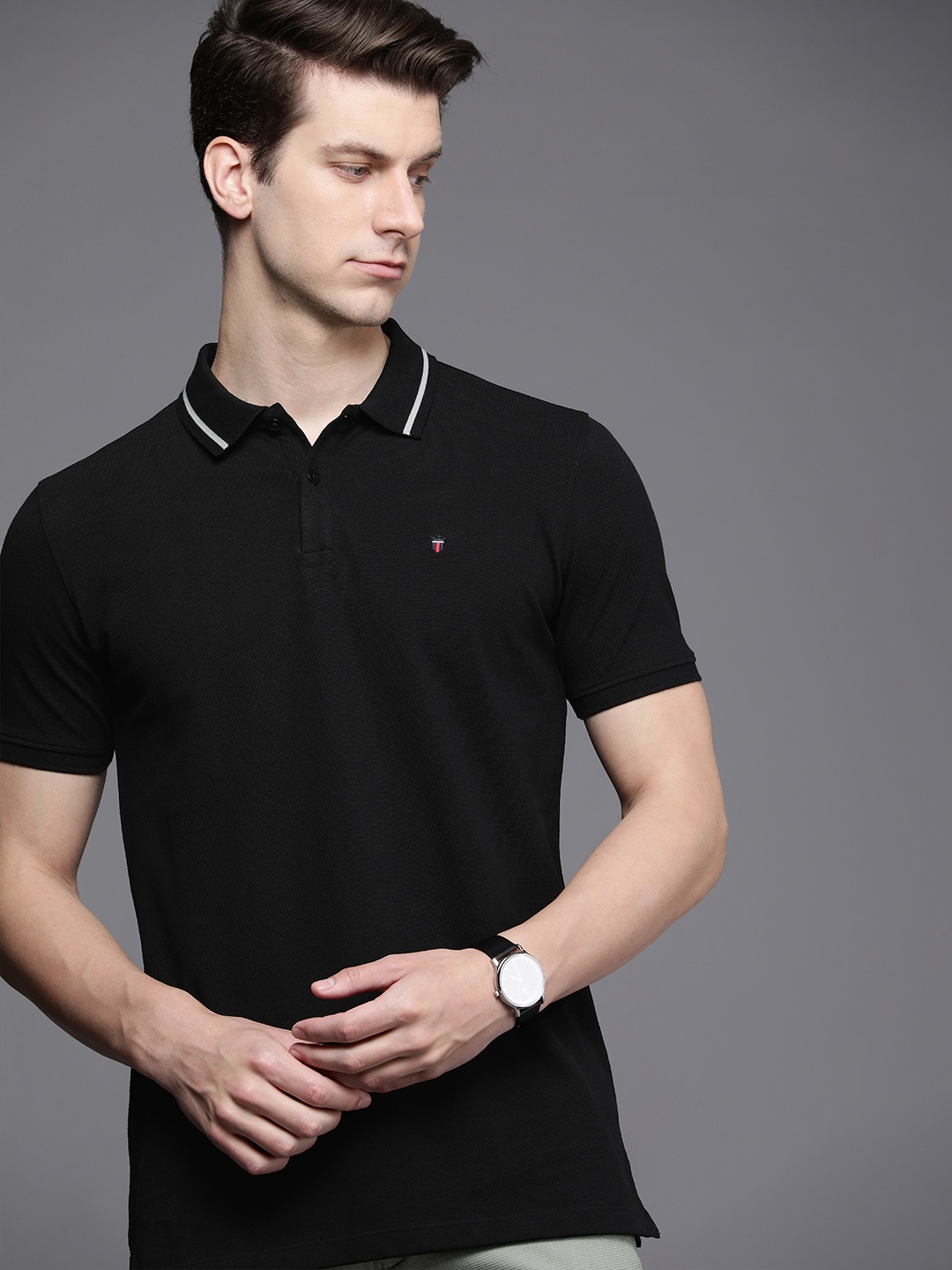 

Louis Philippe Sport Solid Polo Collar Pure Cotton Slim Fit T-shirt, Black