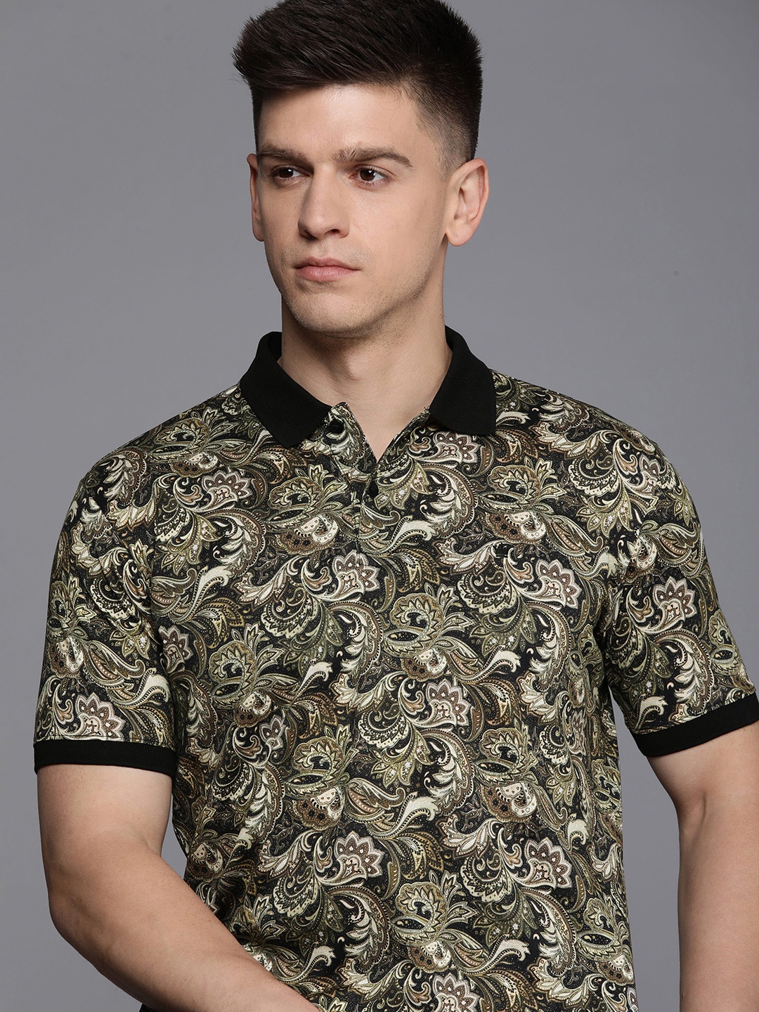 

Louis Philippe Sport Ethnic Printed Polo Collar Pure Cotton T-shirt, Olive