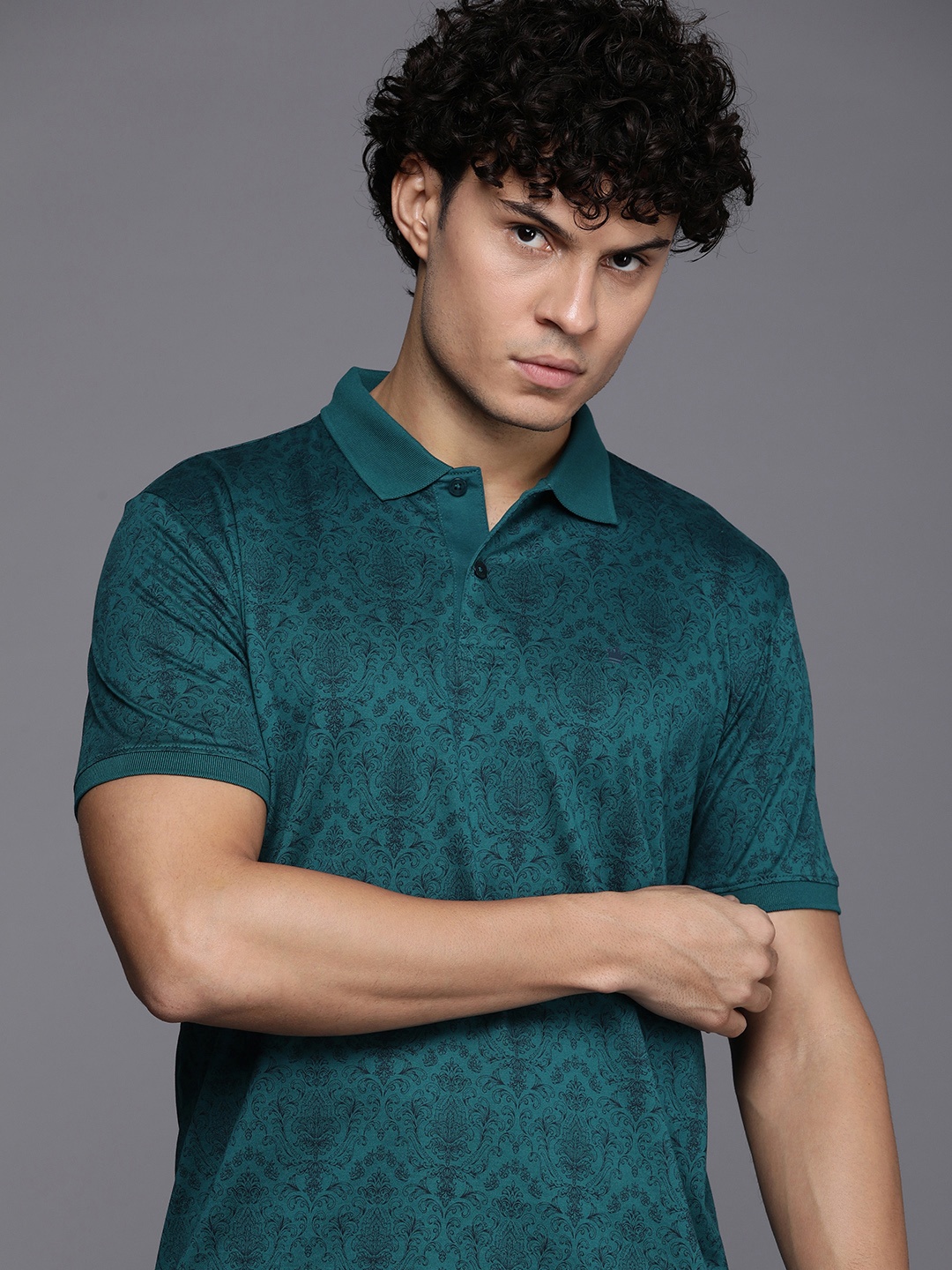 

Louis Philippe Sport Geometric Printed Polo Collar Ethnic Pure Cotton T-shirt, Teal