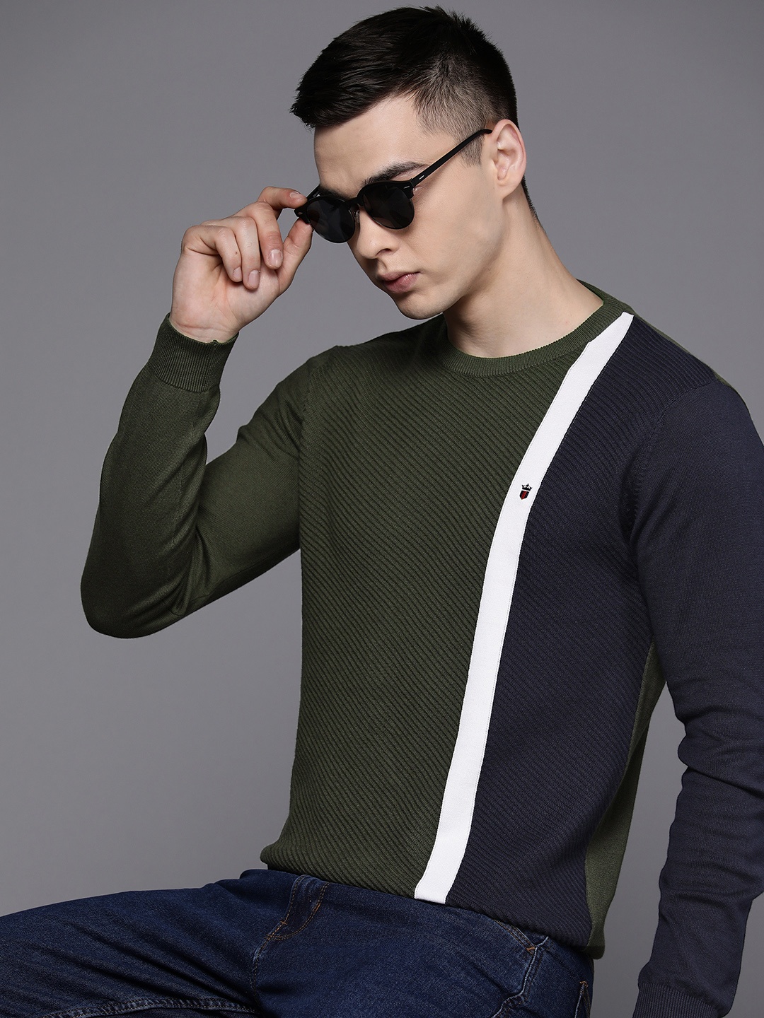 

Louis Philippe Sport Pure Cotton Ribbed Colourblocked Pullover, Green