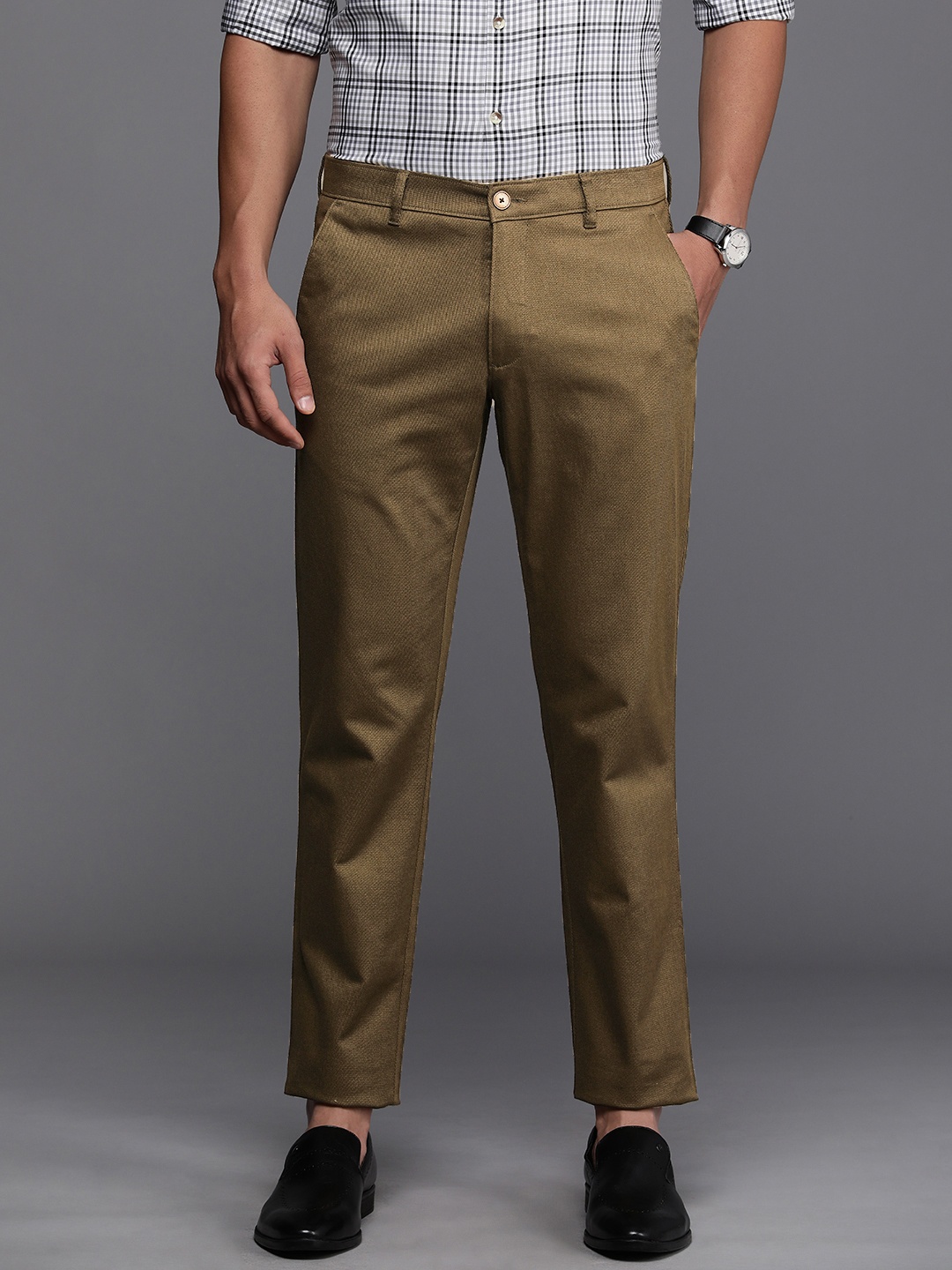 

Louis Philippe Sport Men Self Design Tapered Fit Mid-Rise Chinos Semi Formal Trousers, Olive