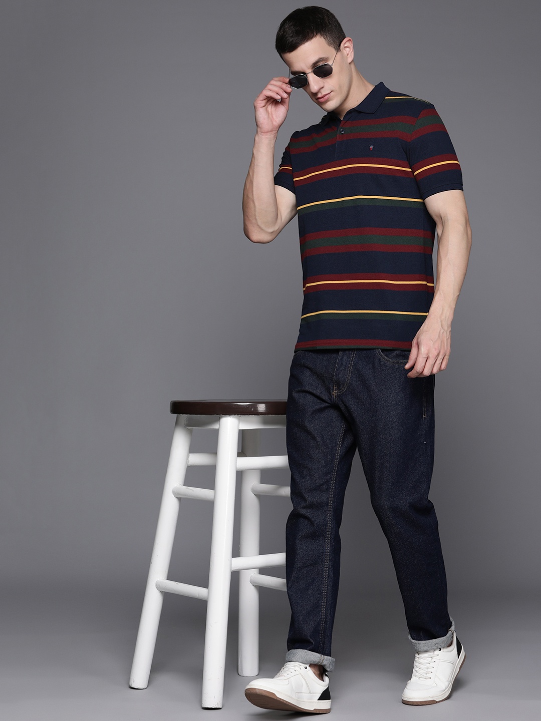 

Louis Philippe Sport Striped Polo Collar Slim Fit T-shirt, Navy blue