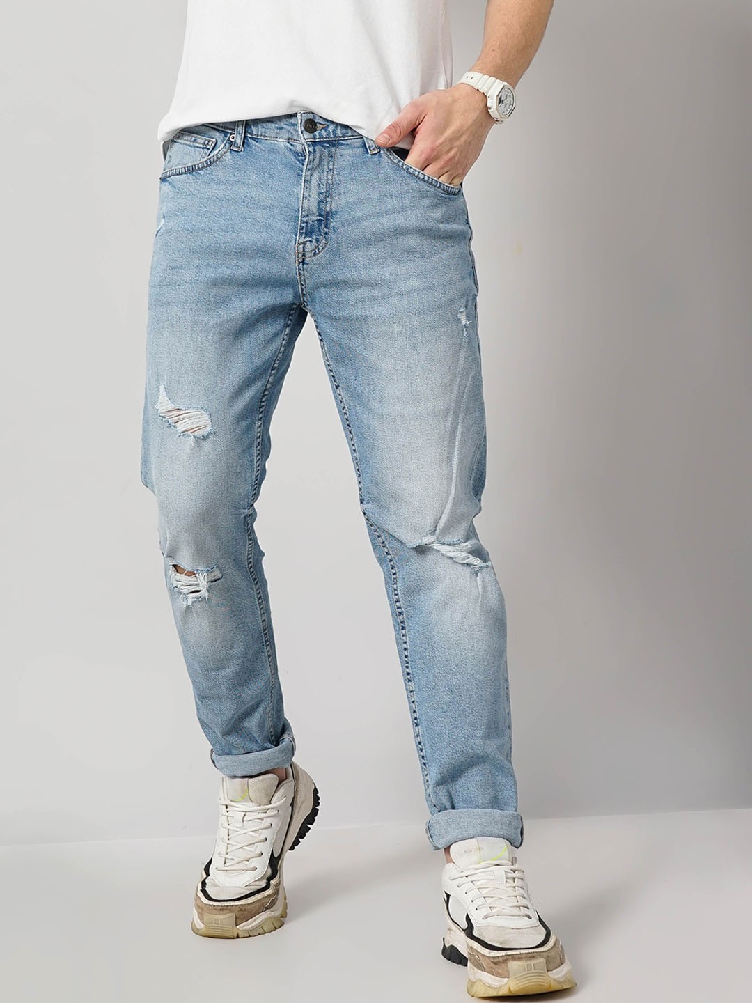 Celio Men Jean Mildly Distressed Heavy Fade Stretchable Jeans, Blue