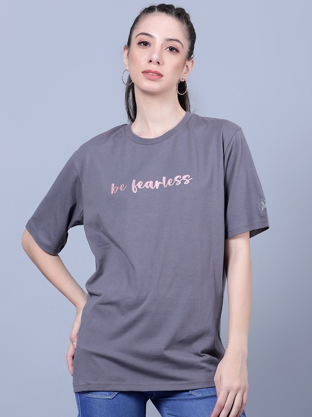 

Trenz Typography Printed Round Neck Short Sleeves Oversized T-shirt, Grey