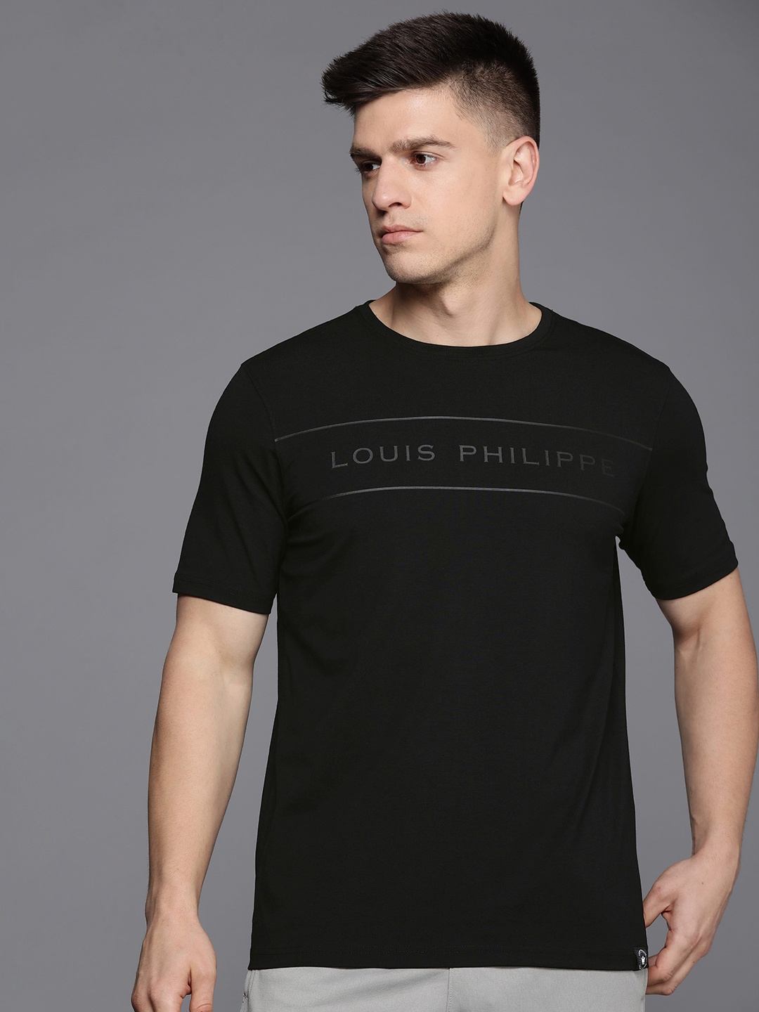 

Louis Philippe ATHPLAY Men Brand Logo Printed Pure Cotton Slim Fit T-shirt, Black