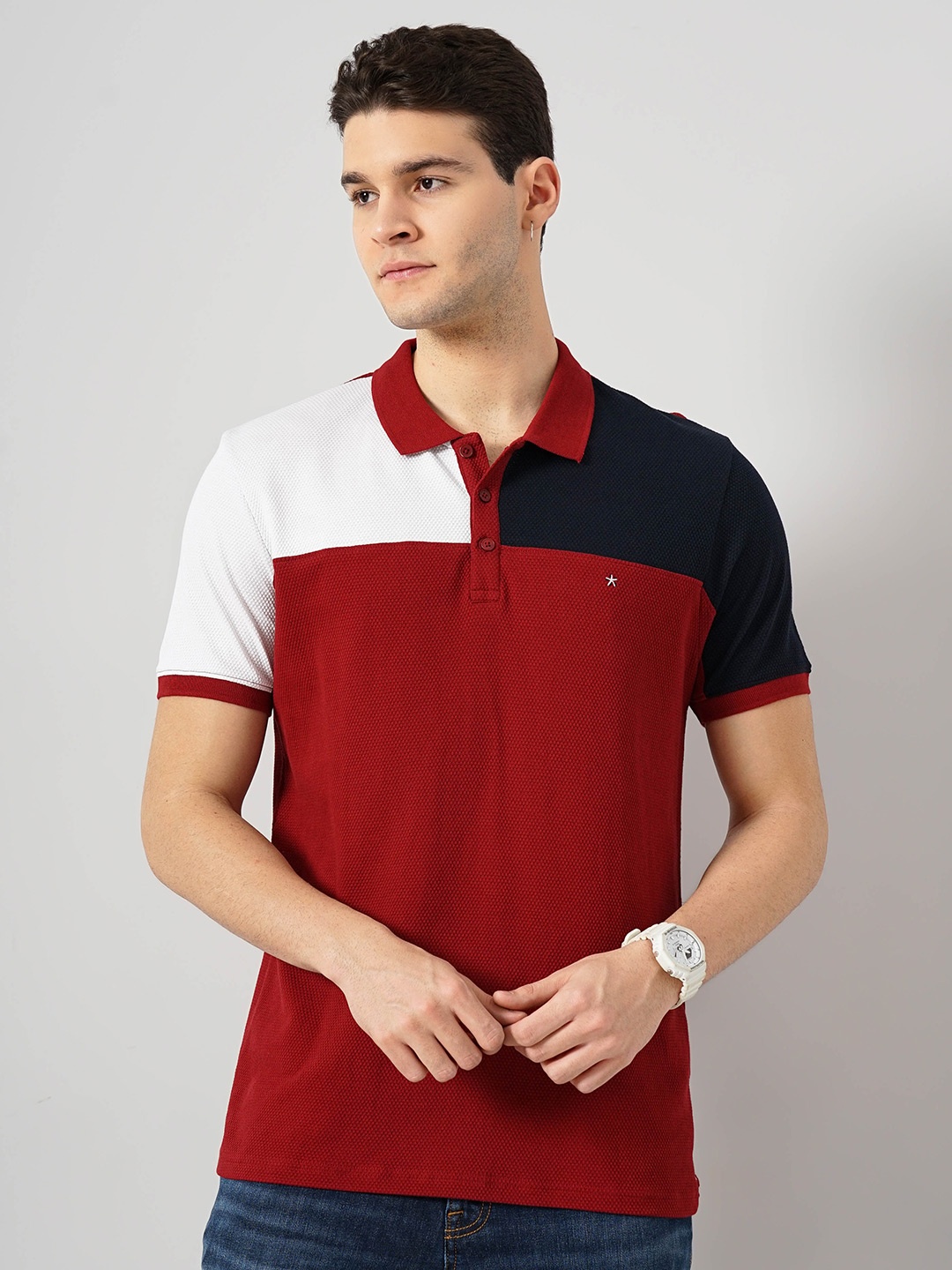 

Celio Colourblocked Polo Collar Cotton T-shirt, Maroon