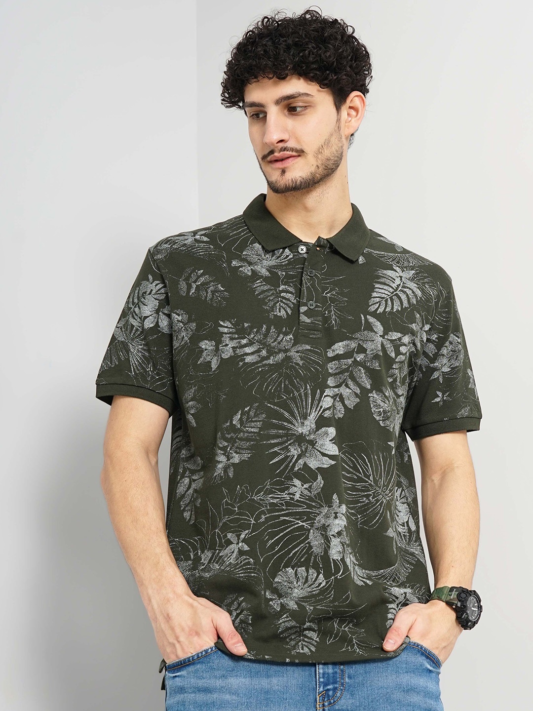 

Celio Floral Printed Polo Collar Cotton T-shirt, Olive