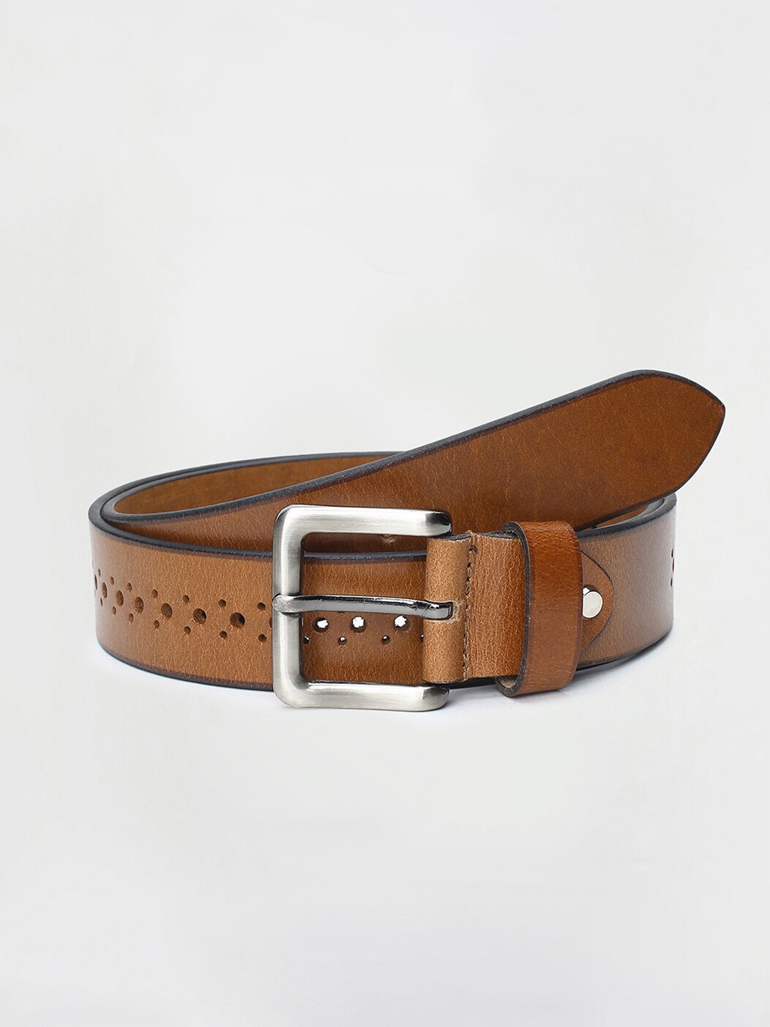 

max Men Laser Cut-Out Leather Formal Belt, Brown