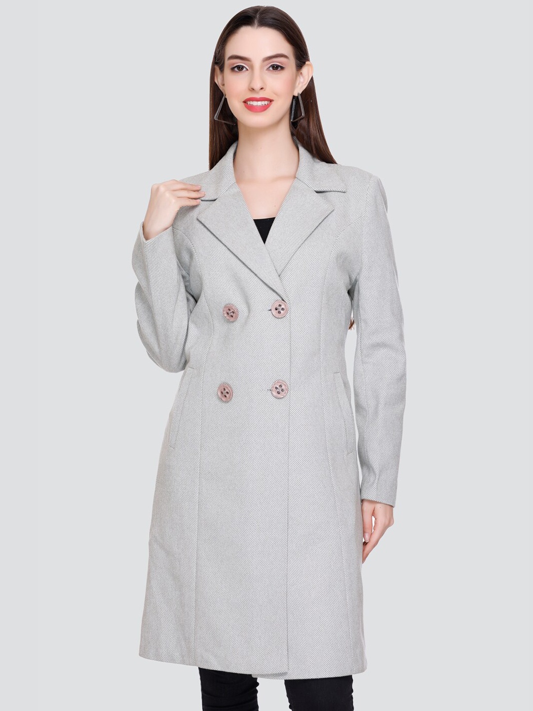

Winter Wonders Striped Double-Breasted Notched Lapel Collar Longline Woolen Overcoat, Grey