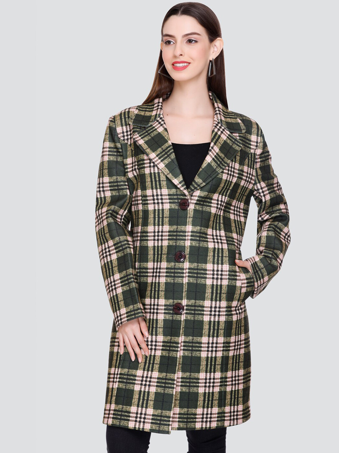 

Winter Wonders Checked Single-Breasted Notched Lapel Collar Longline Acrylic Overcoat, Green