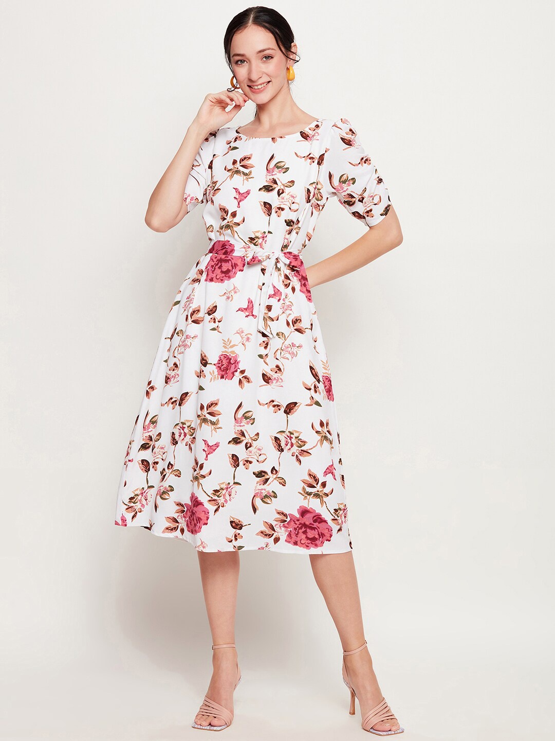 

BAESD Floral Printed Puff Sleeves Belted Georgette Fit & Flare Midi Dress, Off white