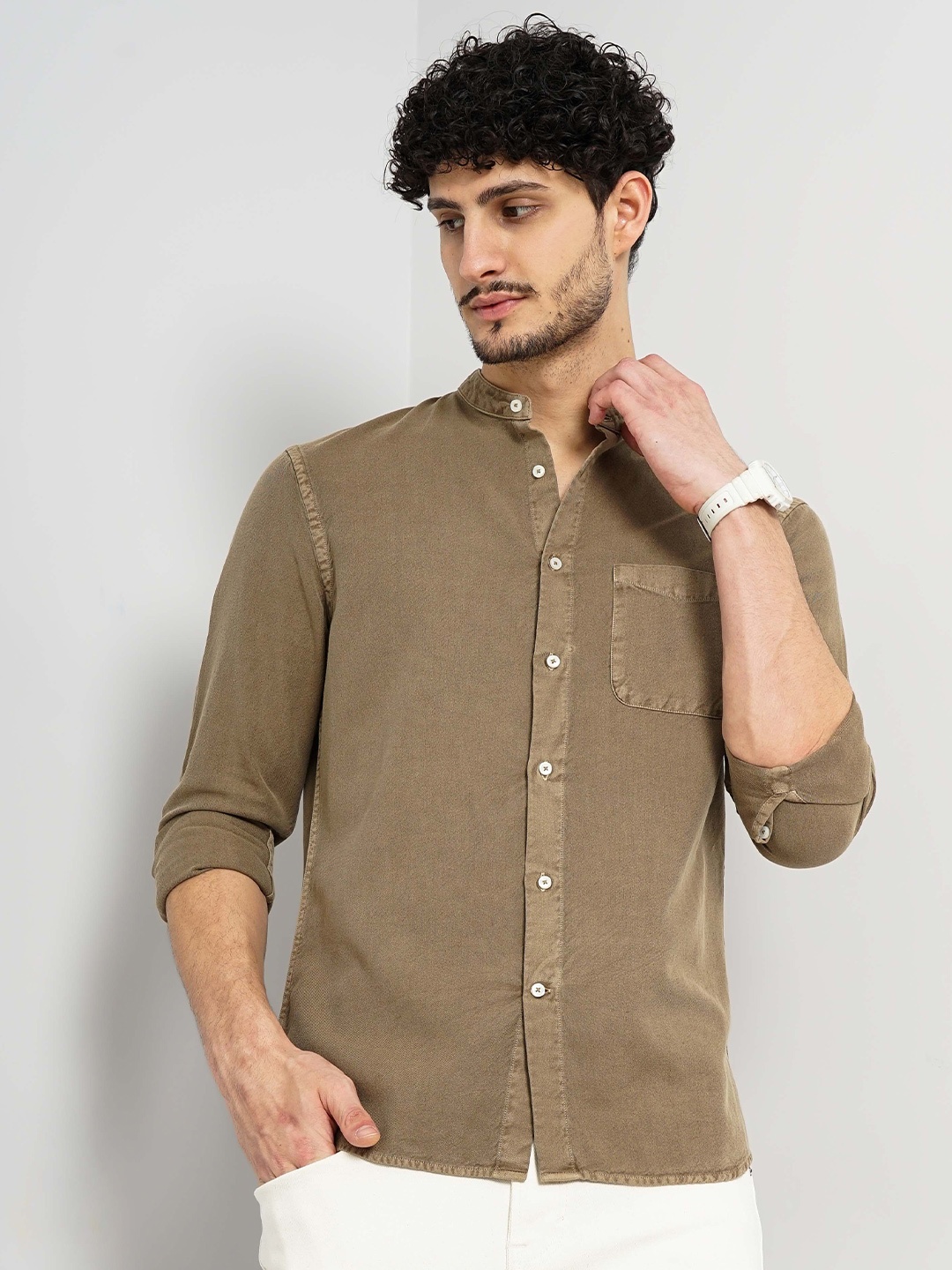 

Celio Classic Band Collar Cotton Casual Shirt, Brown