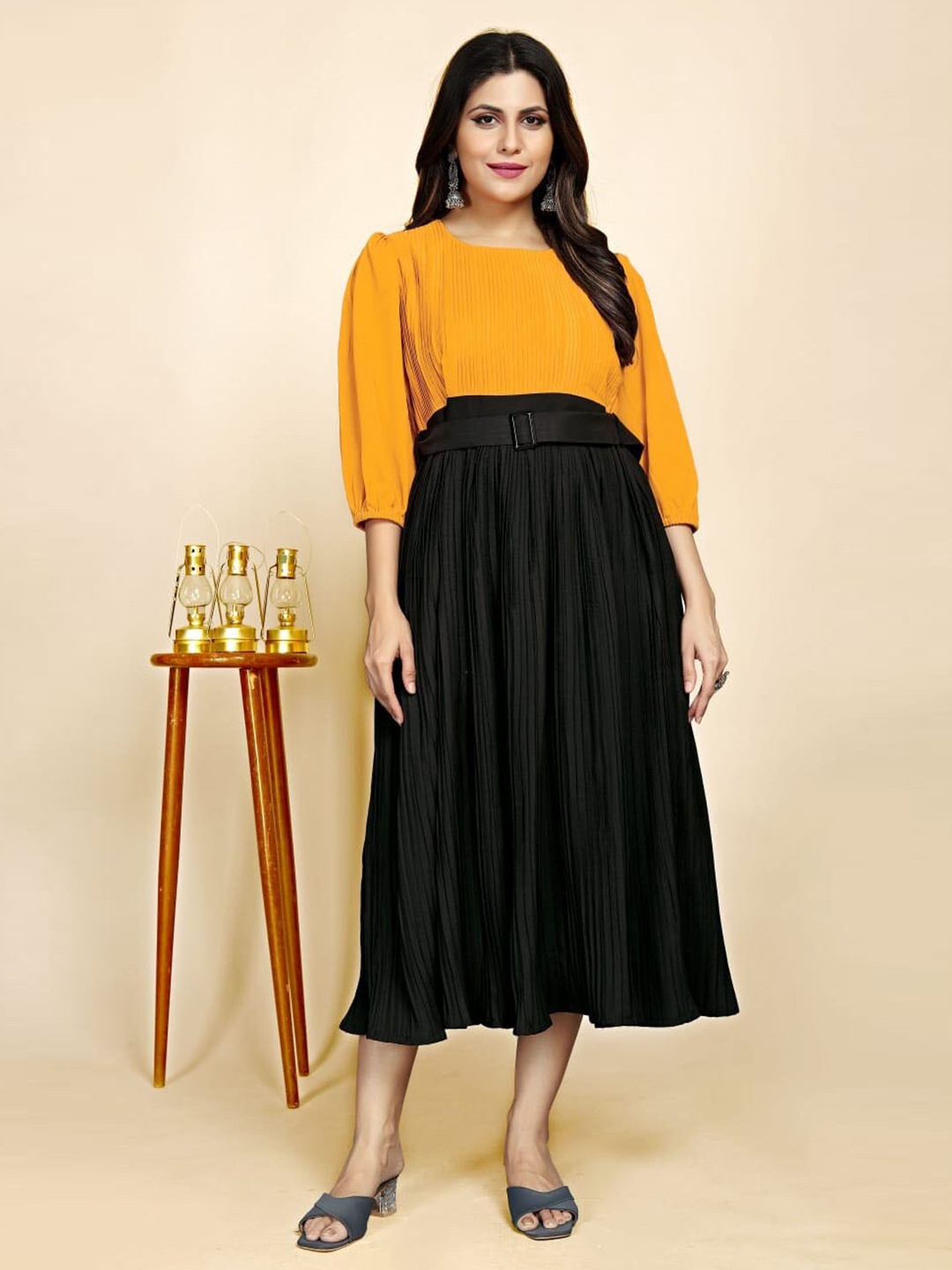 

Lookslady Puff Sleeve Crepe Fit & Flare Midi Dress, Yellow