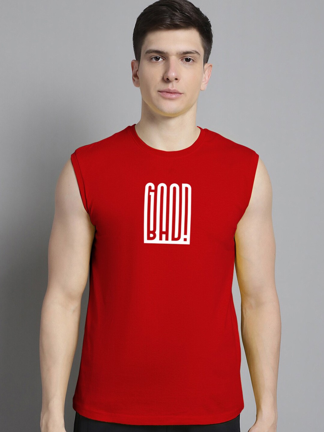 

Friskers Typography Printed Sleeveless Bio Wash Pure Cotton Slim Fit T-shirt, Red