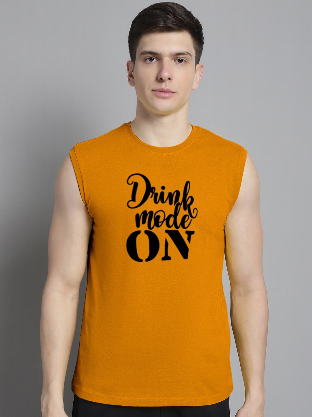 

Friskers Typography Printed Sleeveless Slim Fit Pure Cotton T-shirt, Mustard