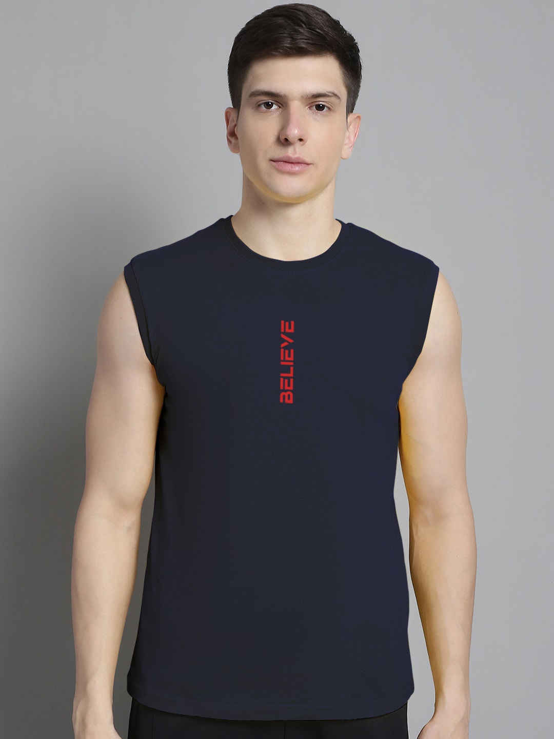 

Friskers Typography Printed Sleeveless Pure Cotton Slim Fit T-shirt, Navy blue