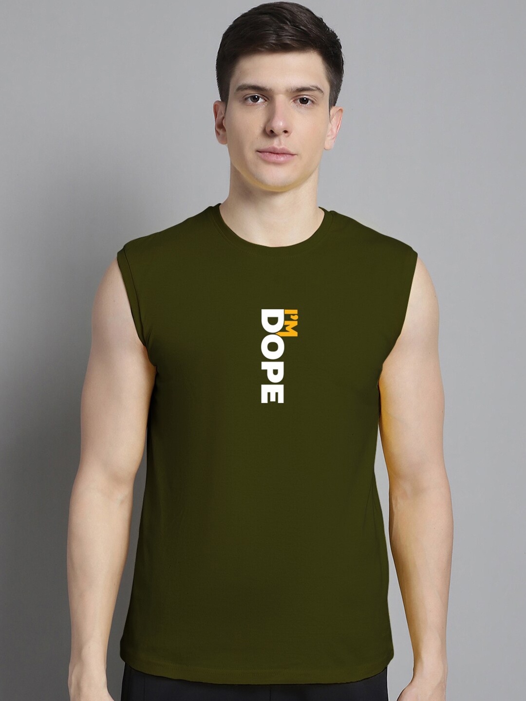 

Friskers Typography Printed Sleeveless Slim Fit Pure Cotton T-shirt, Olive