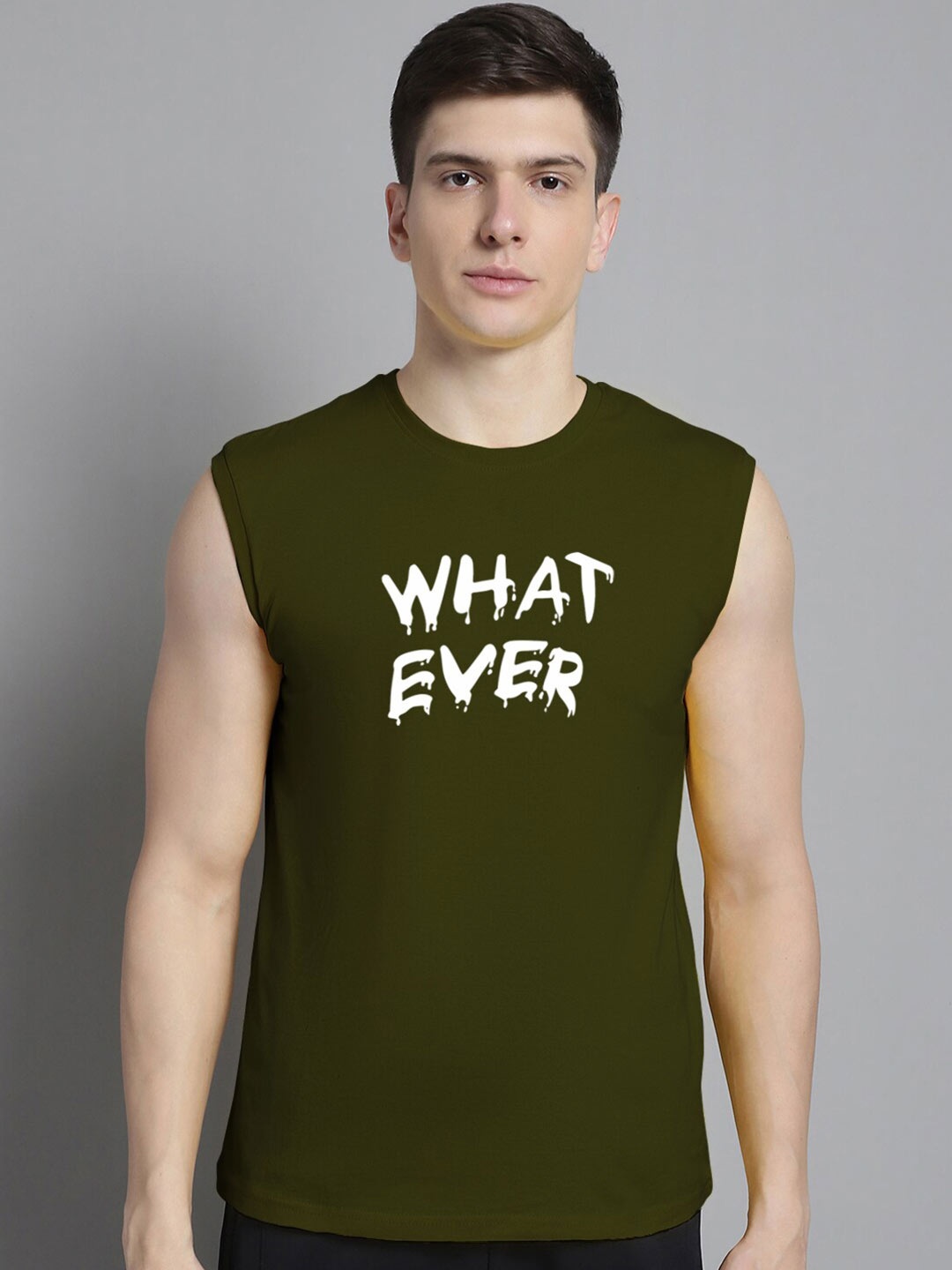 

Friskers Typography Printed Sleeveless Pure Cotton Slim Fit T-shirt, Olive