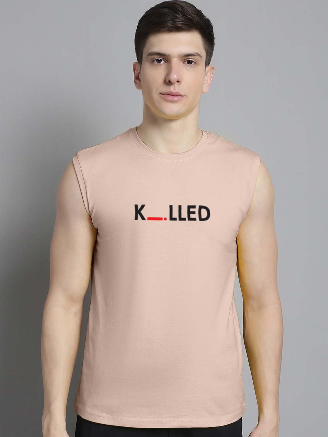 

Friskers Typography Printed Sleeveless Bio Wash Slim Fit Cotton T-shirt, Coral
