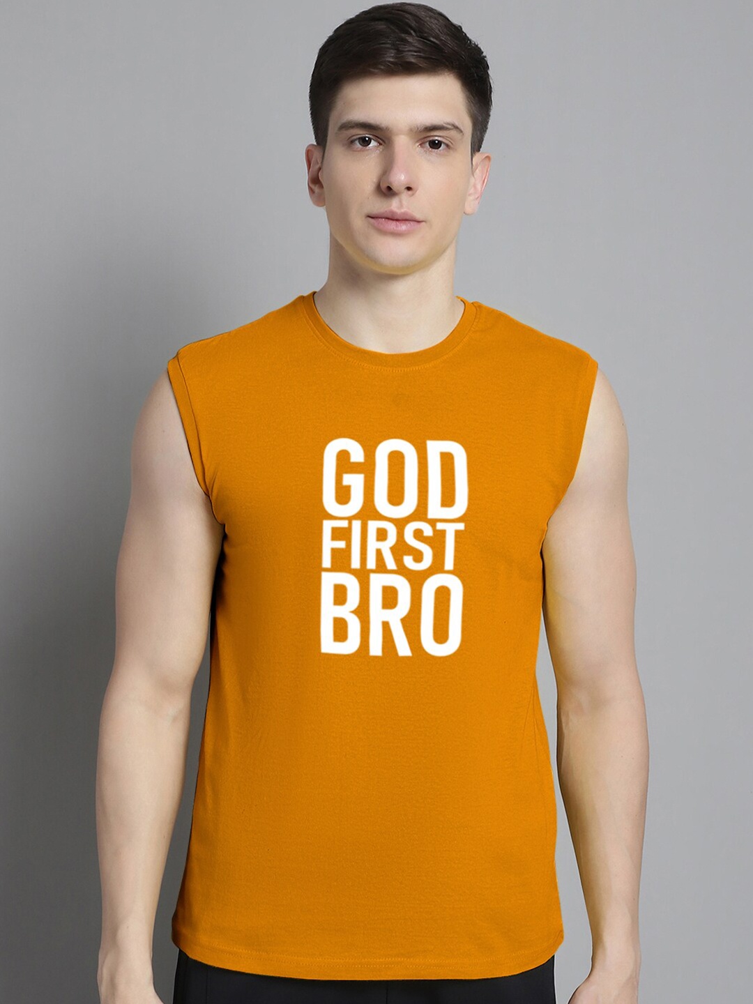 

Friskers Typography Printed Sleeveless Pure Cotton Slim Fit T-shirt, Mustard